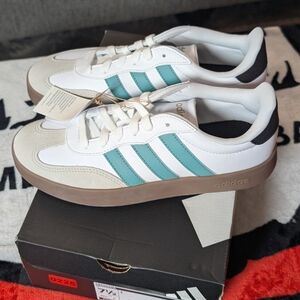 adidas Women's White Sneakers with Teal Stripes and Gum Sole